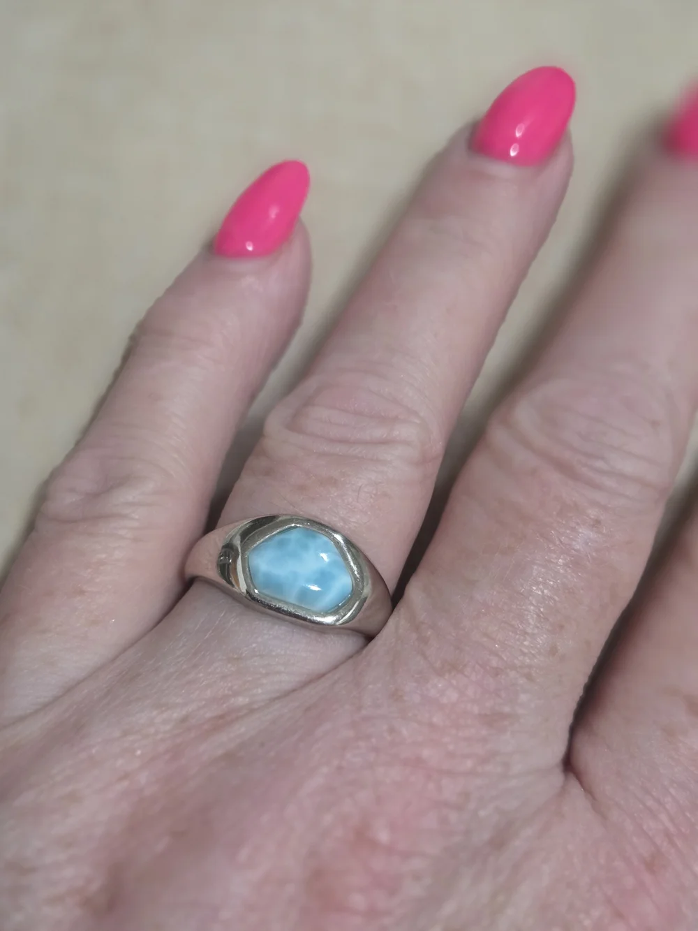 Silver Larimar Hexagon Signet Ring - Blue Stone~ Size 9